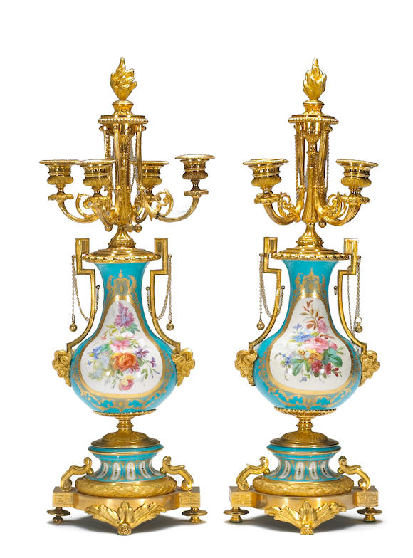 Bonhams : A pair of Sèvres style jeweled porcelain gilt bronze four ...