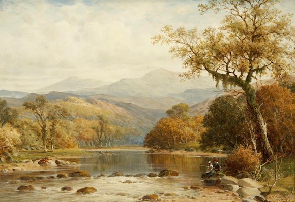 Bonhams : William E. Harris (British, 1860-1930) Fishing on a Welsh river