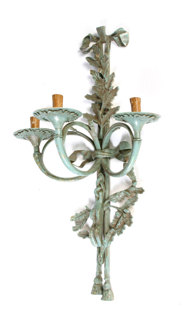 Bonhams : A pair of Louis XVI style bronze three light trumpet shaped ...