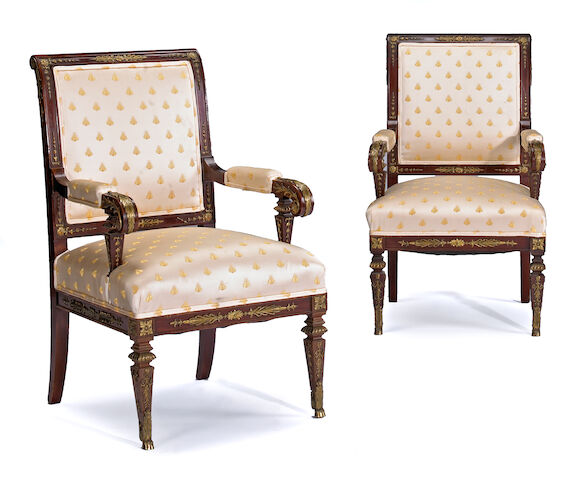 Bonhams : A pair of Empire style gilt bronze mounted mahogany fauteuils ...