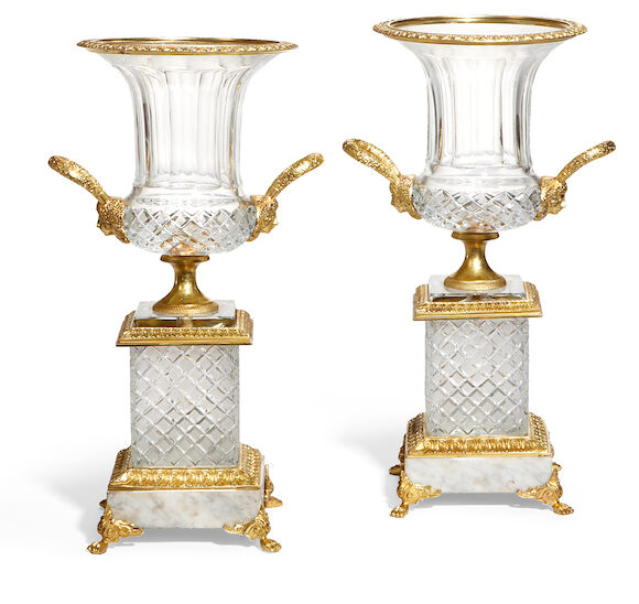 Bonhams : A pair of Empire style gilt bronze mounted glass and marble ...