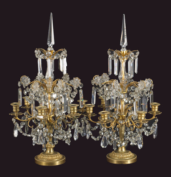 Bonhams : A pair of Louis XVI style gilt bronze and cut glass six light ...