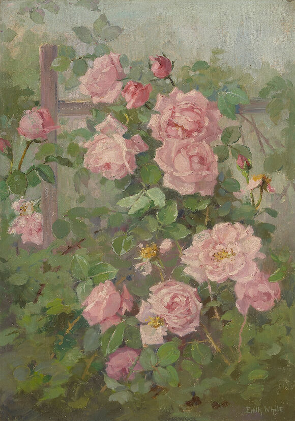 Bonhams : Edith White (American, 1855-1946) Pink roses on a trellis 24 ...