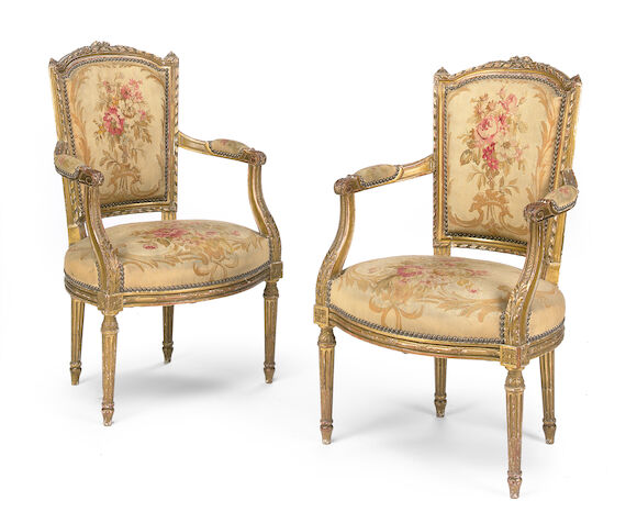 Bonhams : A pair of Louis XVI style giltwood fauteuils late 19th century
