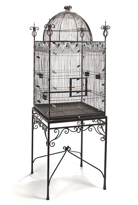Bonhams : A Neoclassical style black painted wrought iron aviary