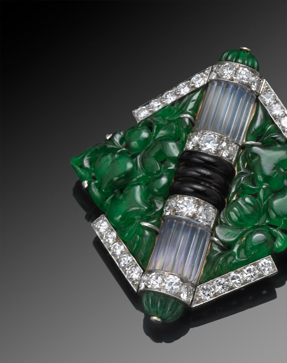 Bonhams : An art deco jadeite jade, moonstone, black onyx and diamond ...
