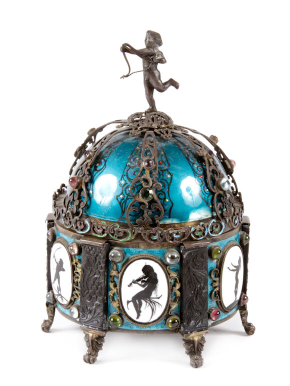 Bonhams : A silver and enamel gem set mounted table box and cover