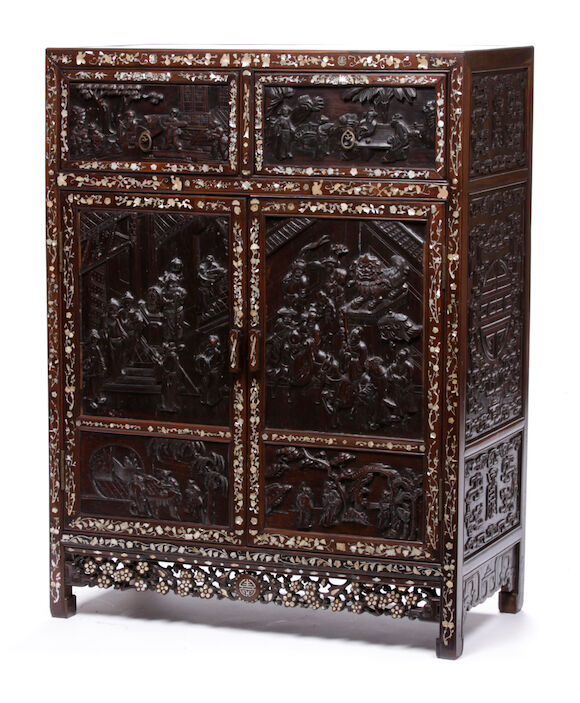Bonhams : A Chinese shell inlaid carved hardwood chest