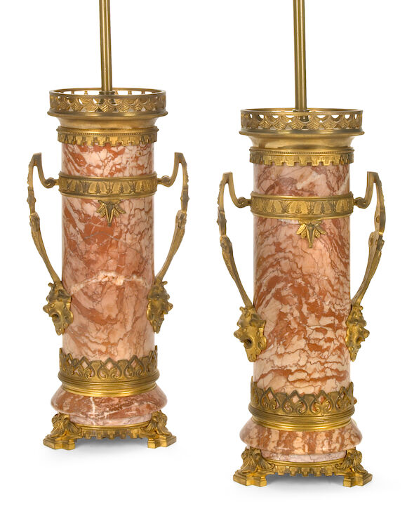 Bonhams : A pair of French gilt bronze mounted marble table lamps early ...