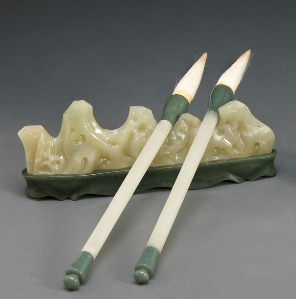 Bonhams : A group white and 'spinach' jade writing accessories