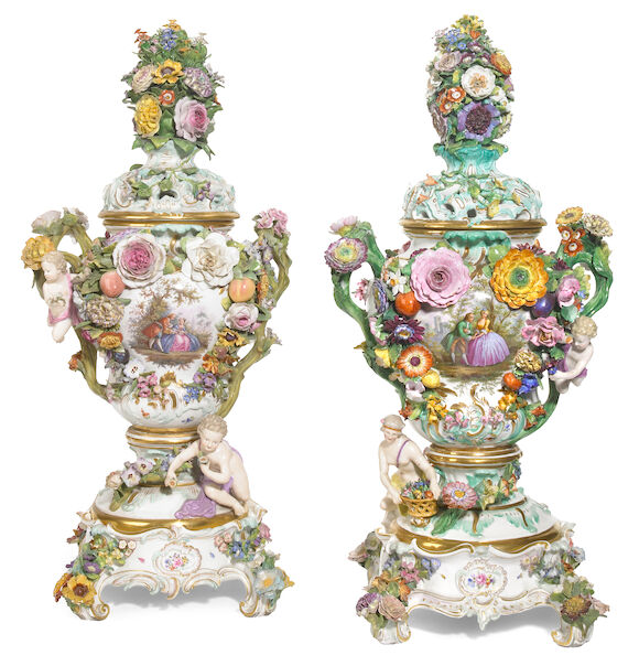 Bonhams A pair of Meissen porcelain floral encrusted potpourri vases