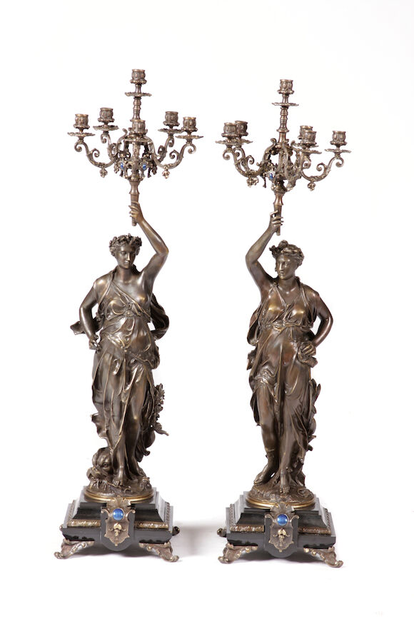 Bonhams : A pair of Empire style patinated bronze six light figural ...