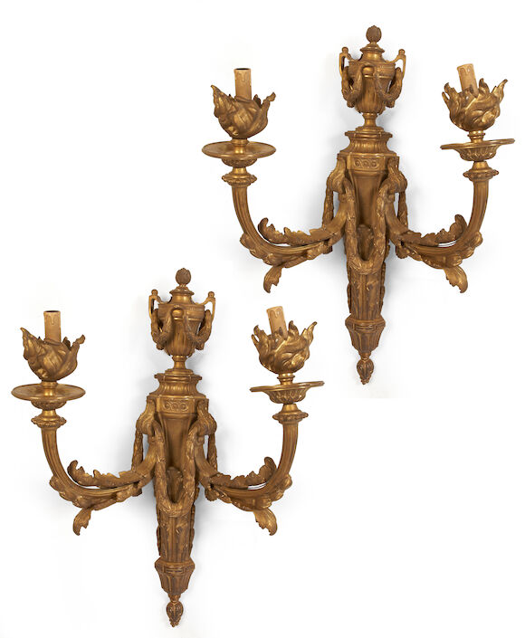 Bonhams : A pair of Louis XVI style gilt bronze two light bras de lumière