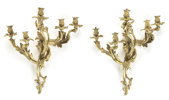 Bonhams : A pair of Louis XV style gilt bronze five light bras de lumière