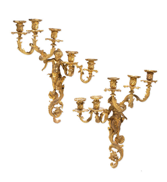Bonhams : A pair of Louis XV style gilt bronze figural four light bras ...