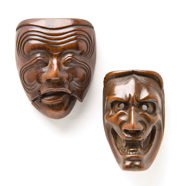 Bonhams : Two wood mask netsuke Edo period, 19th century