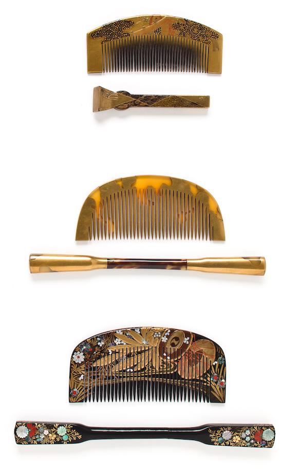 Bonhams : Three sets of lacquer combs and kogai Edo period, 19th century