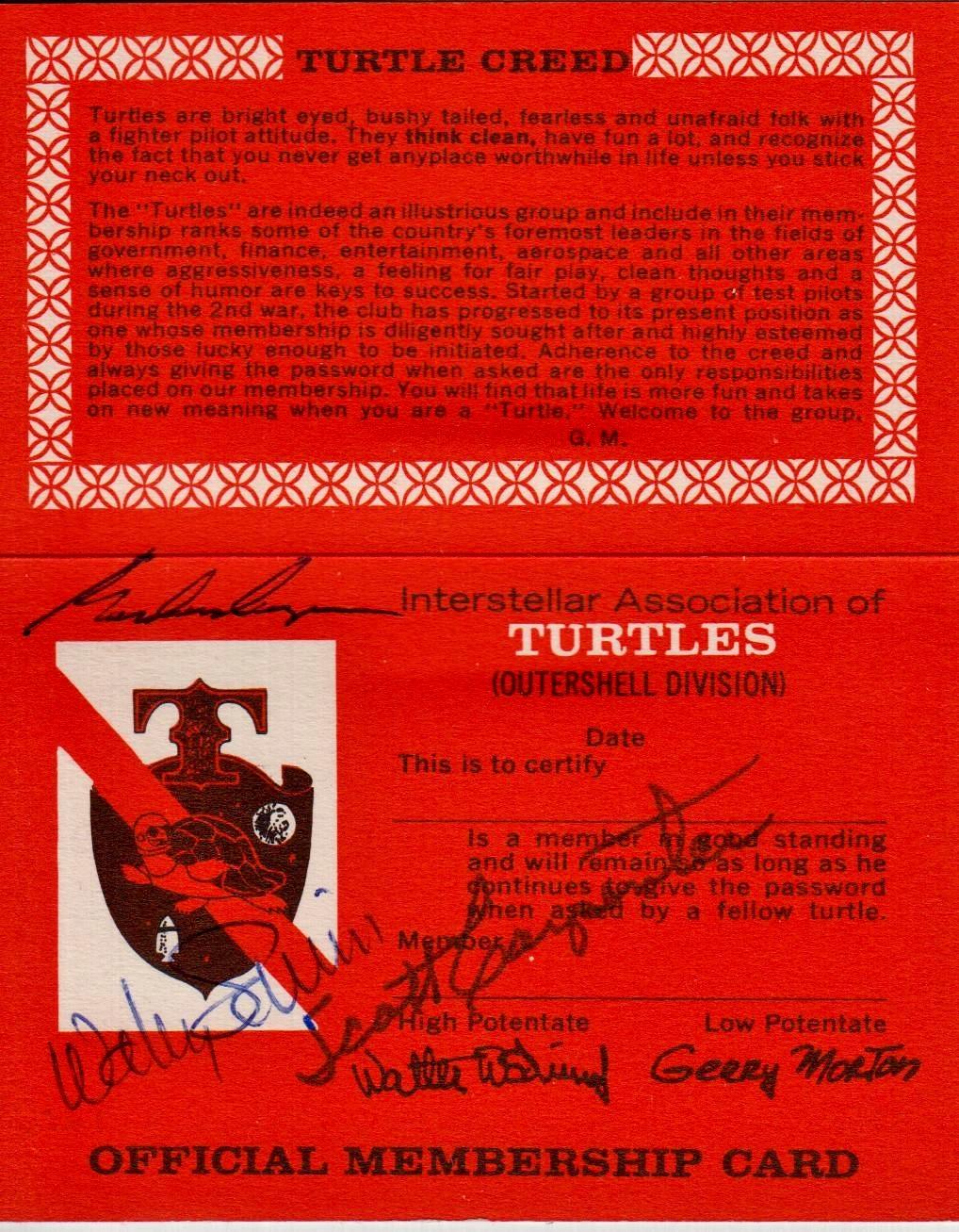 TURTLE CLUB MEMBERSHIP CARD—SIGNED.