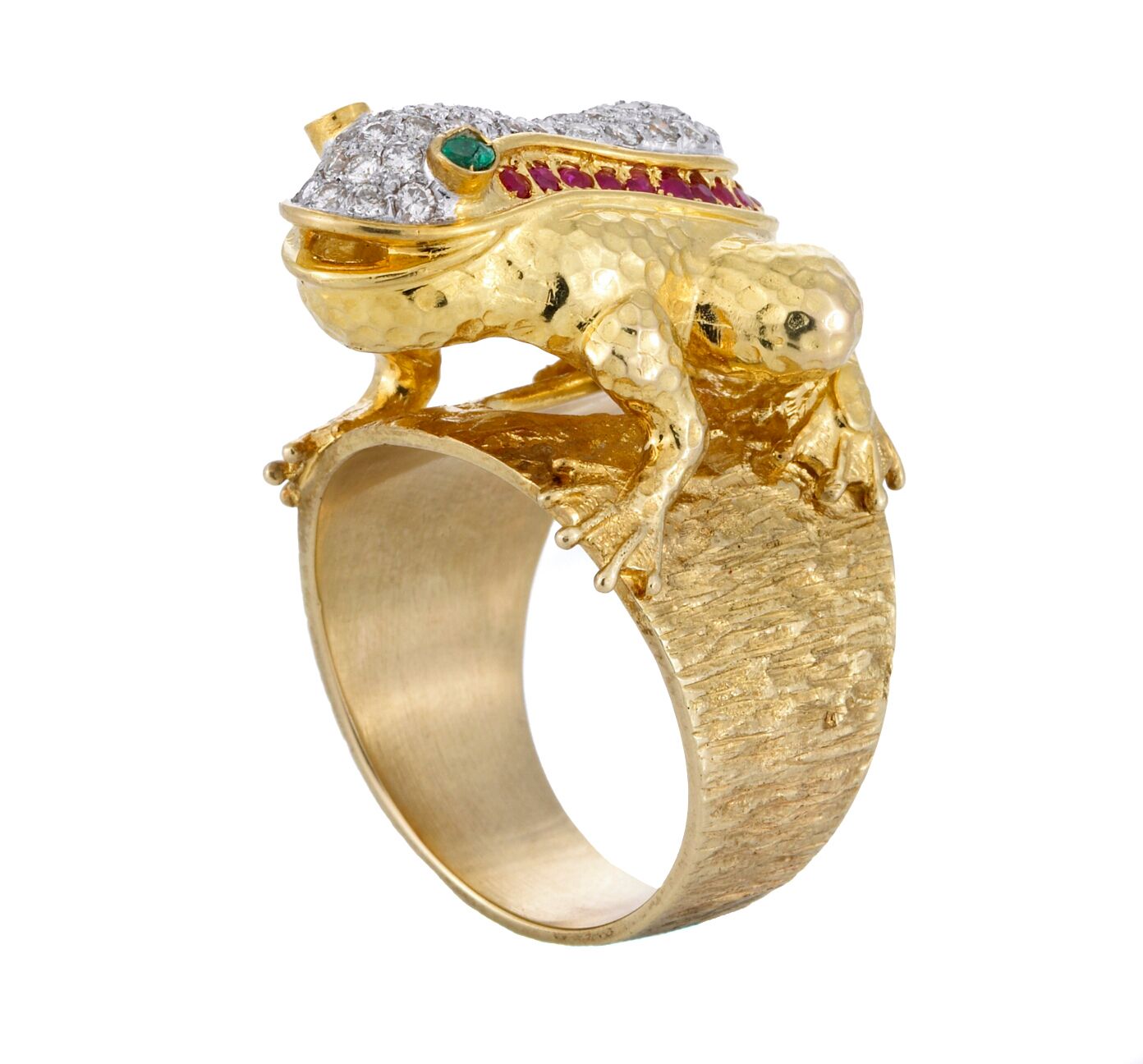 A diamond, ruby and emerald frog ring