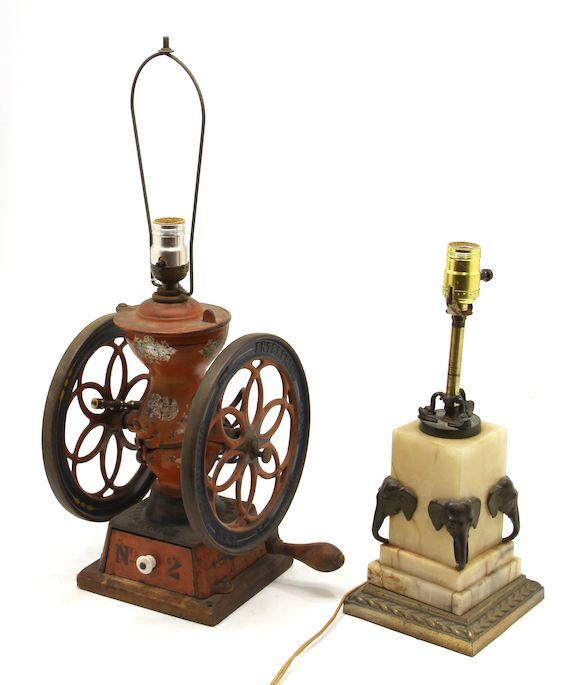 Bonhams An Art Deco patinated bronze mounted onyx table lamp and a