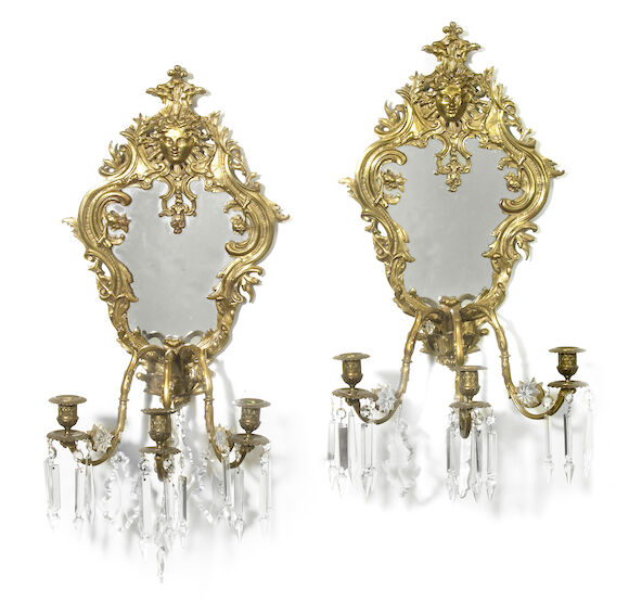 Bonhams : A pair of Louis XV style gilt bronze and glass three light ...