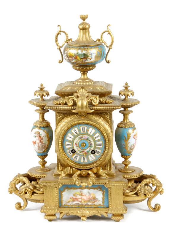 Bonhams : A French gilt metal mounted porcelain inset mantel clock