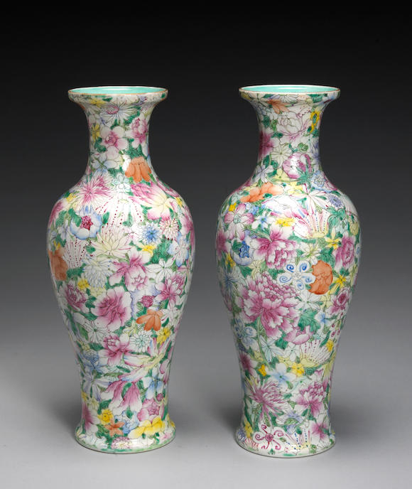 Bonhams : A pair of mille fleur enameled porcelain vases Qianlong marks ...