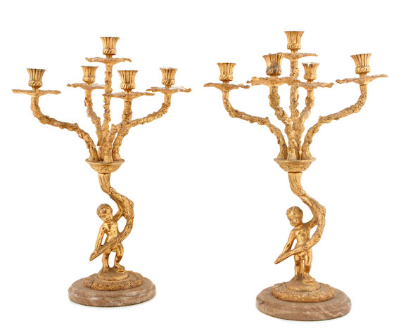 Bonhams : A pair of Louis XV style gilt metal five light candelabra