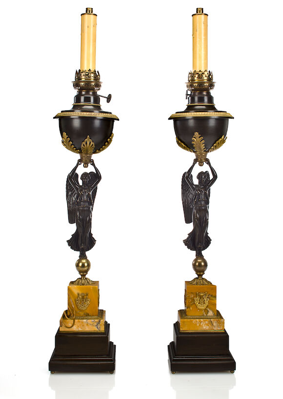 Bonhams : A pair of Empire style gilt and patinated bronze figural oil ...