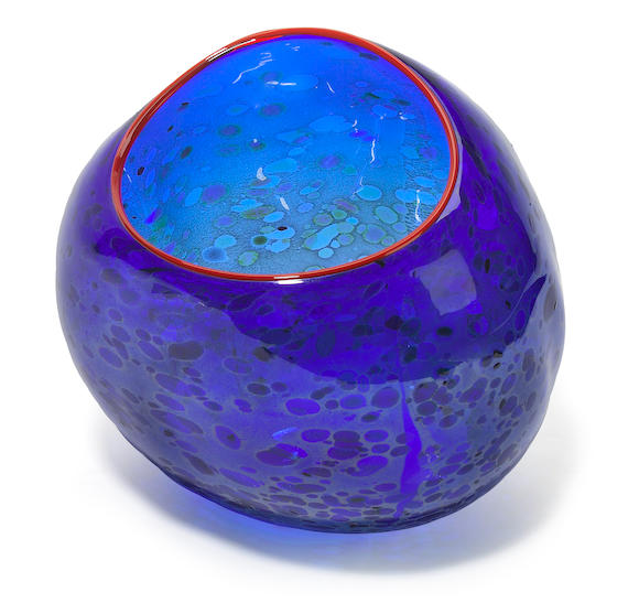 Bonhams : A Dale Chihuly blue glass basket with red lip wrap for ...