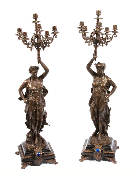 Bonhams : A pair of Empire style patinated bronze six light figural ...