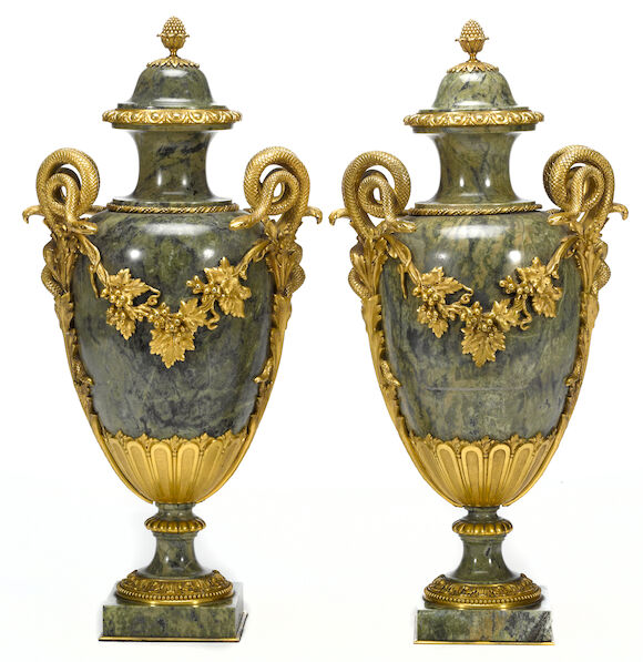 Bonhams : A pair of Neoclassical style gilt bronze mounted Campan vert ...