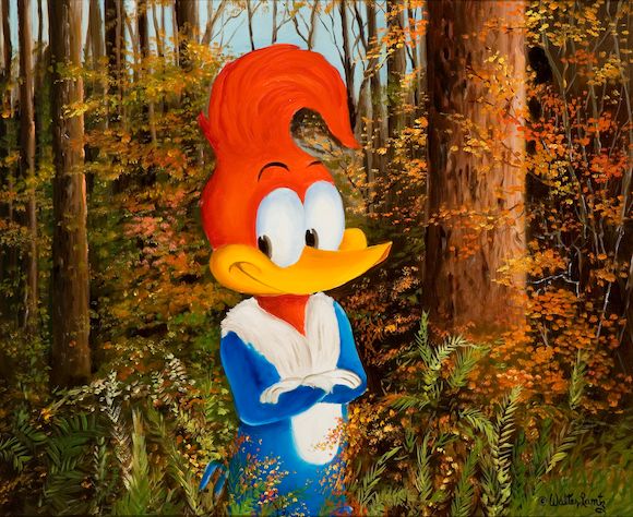 Bonhams A Walter Lantz painting of Woody Woodpecker in a forest