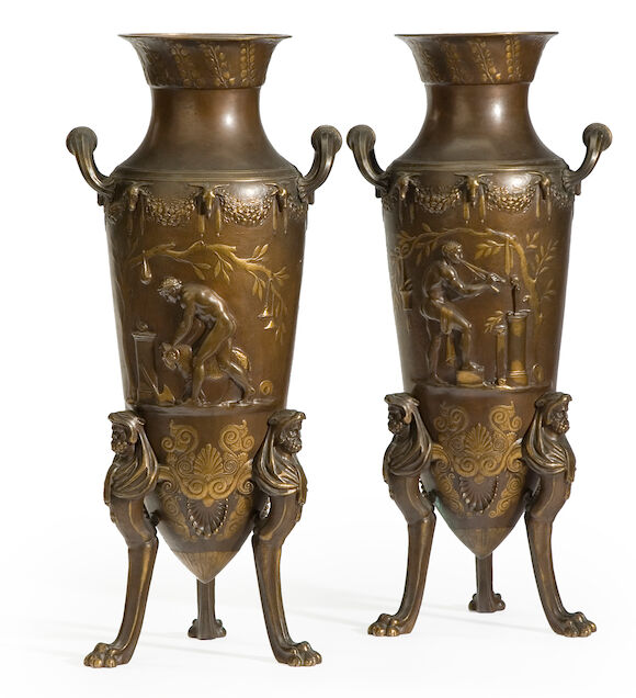 Bonhams : A pair of French gilt and patinated bronze urns late 19th century