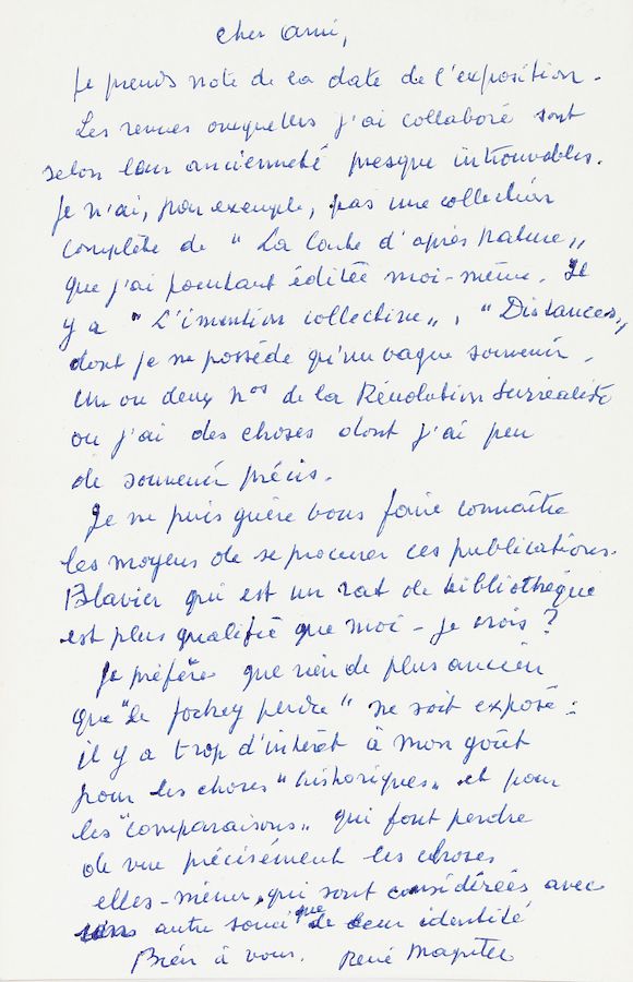 Bonhams : MAGRITTE, RENE. 1898-1967. Autograph Letter Signed (