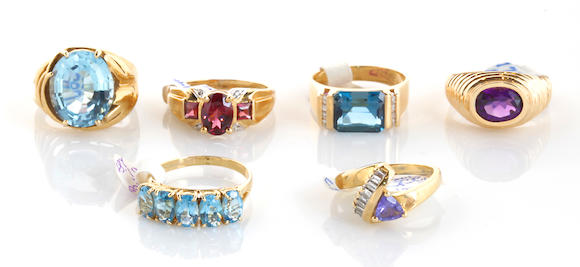 Bonhams : A collection of six gem-set, diamond and 14k gold rings