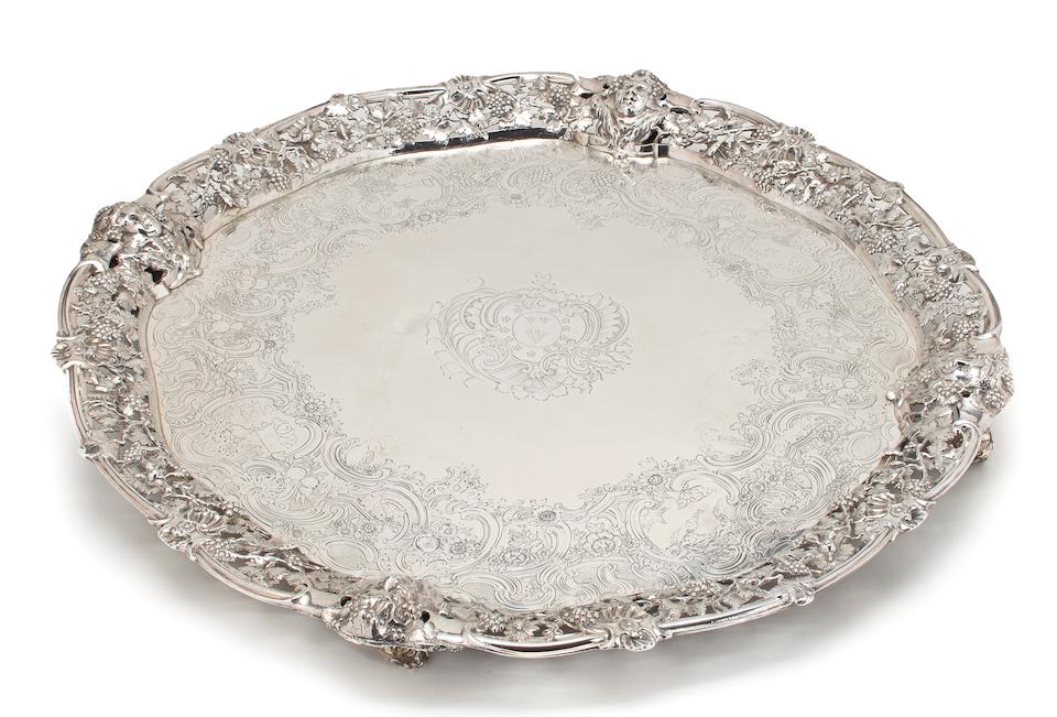 Bonhams : A George II sterling silver salver with applied reticulated ...