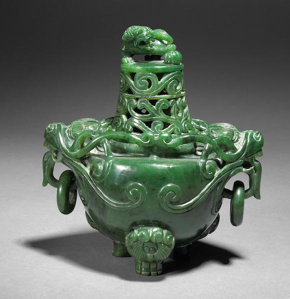 Bonhams : A spinach jade covered censer Republic period