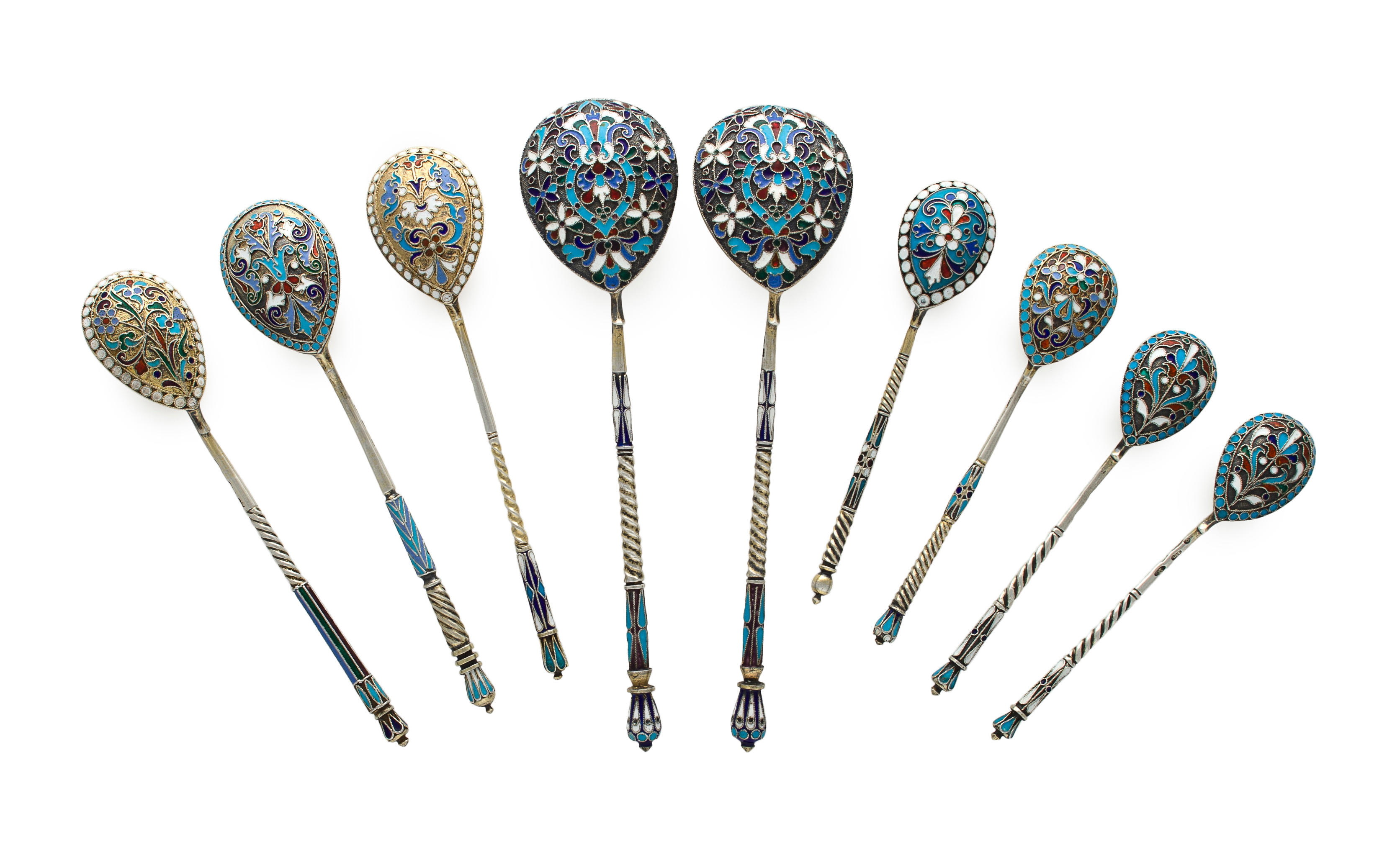 Nine Russian 84 standard silver and parcel enameled spoons Moscow, the two...