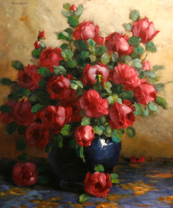 Bonhams : Alfio Paolo Graziani (Italian, 1900-1981) Red roses in a blue ...