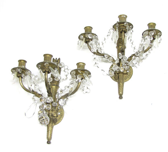 Bonhams : A pair of Louis XVI style gilt bronze three light bras de ...