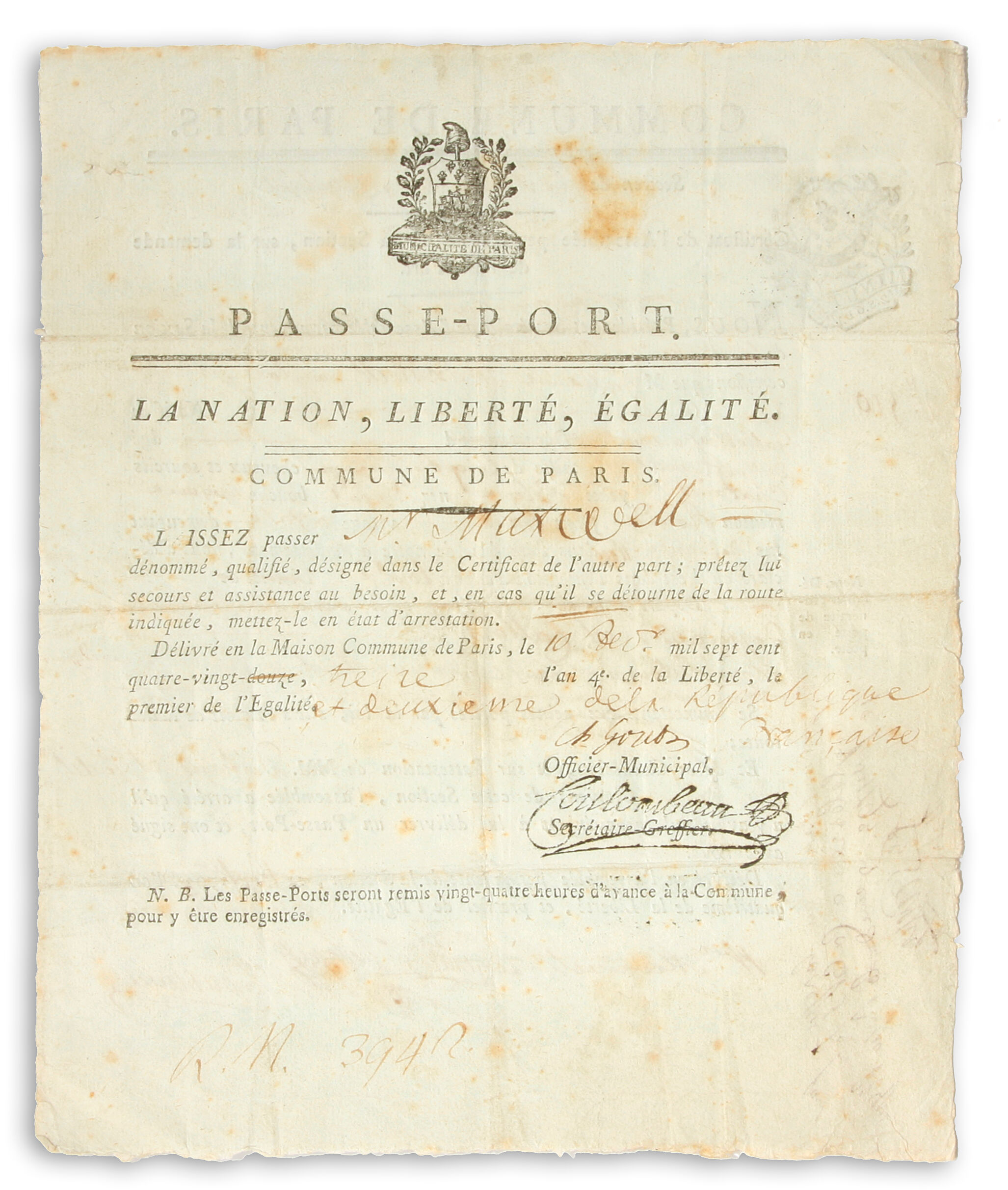 Bonhams : FRENCH REVOLUTION PASSPORT.