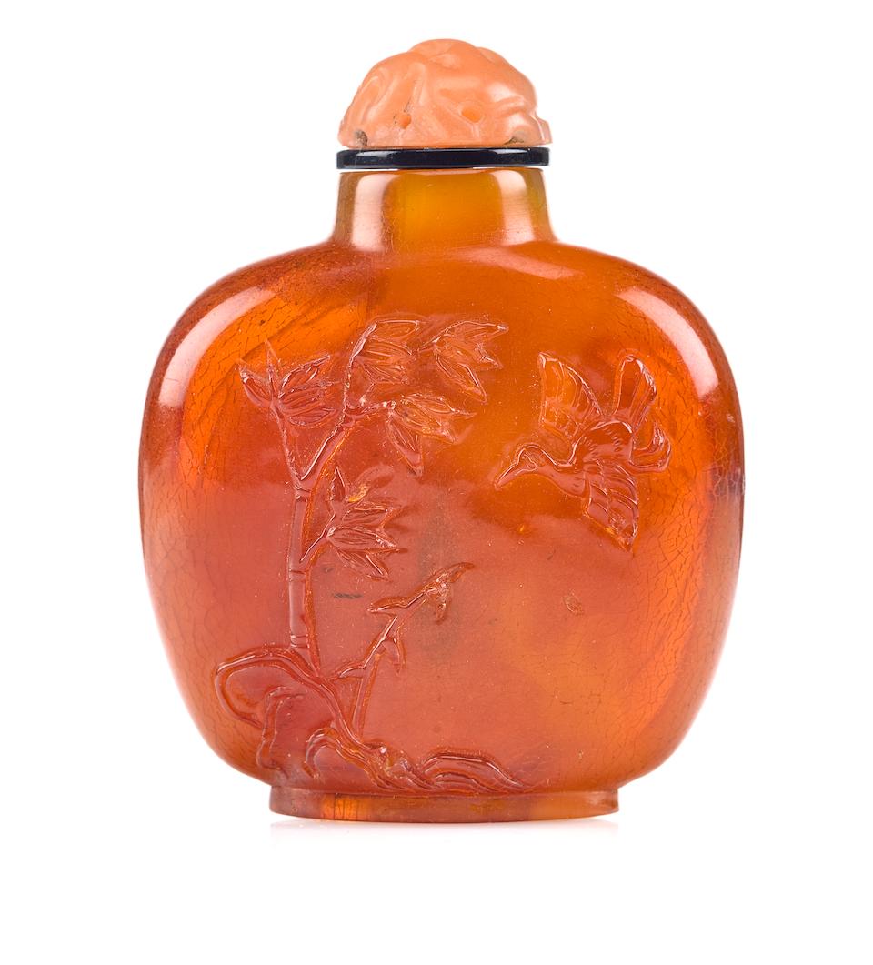 Bonhams : A carved amber snuff bottle 1820-1880