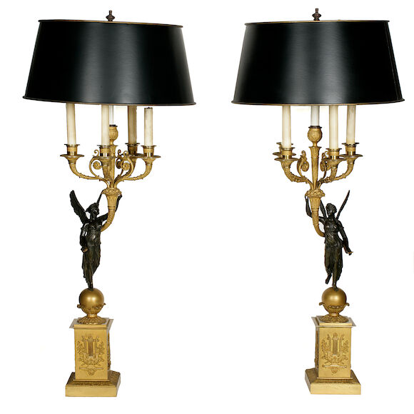 Bonhams : A pair of Empire style gilt and patinated bronze five light ...
