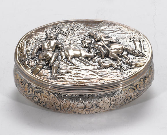 Bonhams : A German silver oval table box with deer hunting scene Georg ...