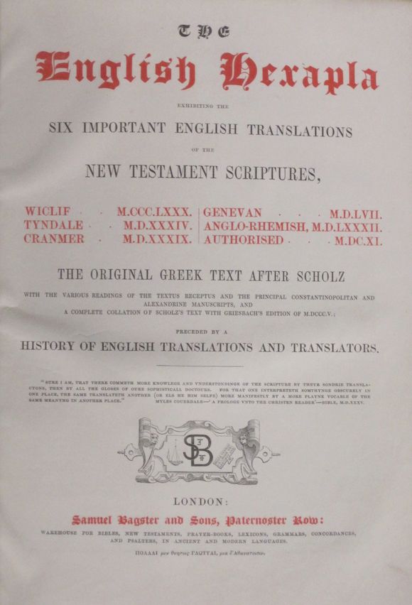 Bonhams BIBLENEW TESTAMENT IN ENGLISH. The English Hexapla, Exhibiting the Six Important