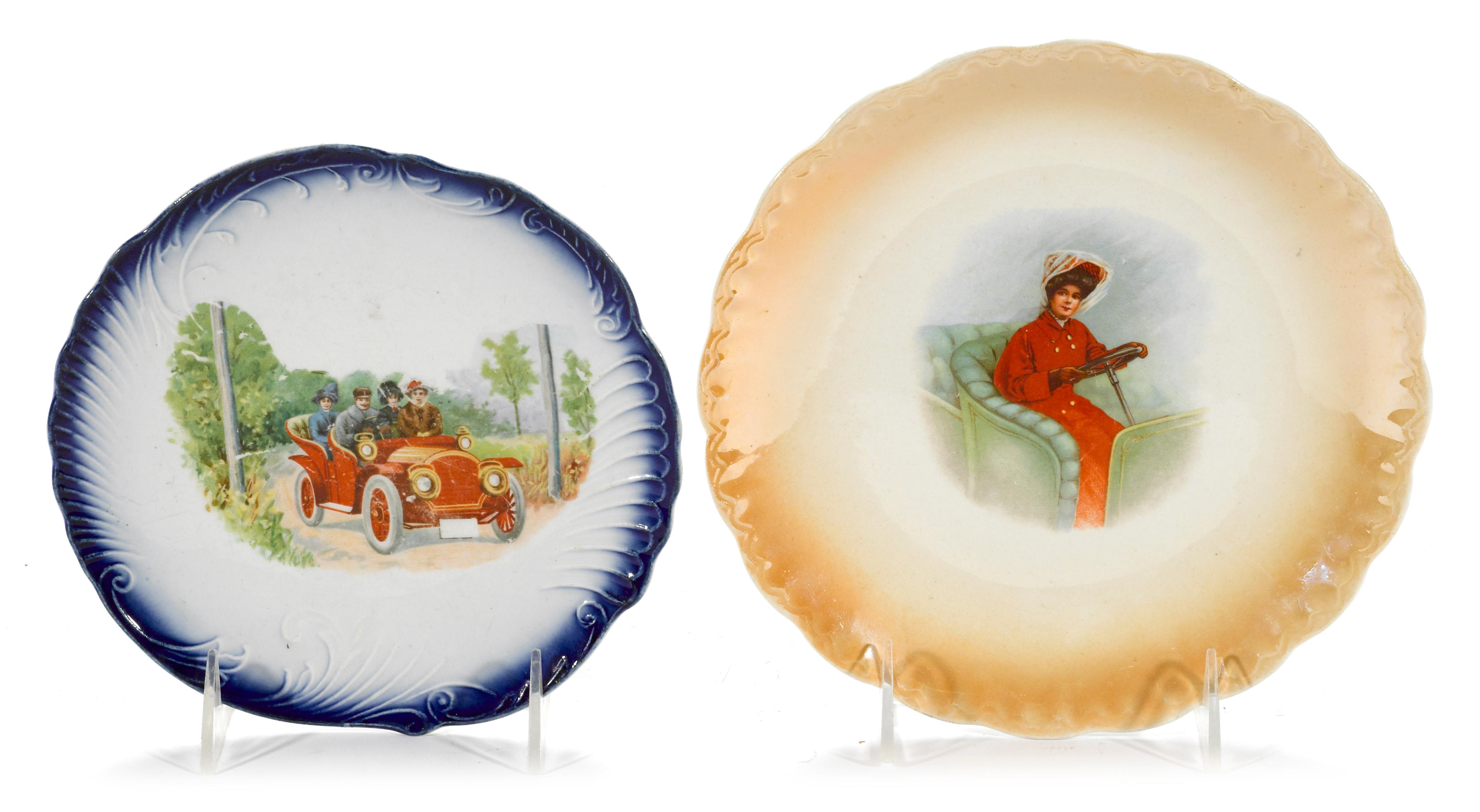 A lot of 2 decorative motoring scene plates, c. 1910,