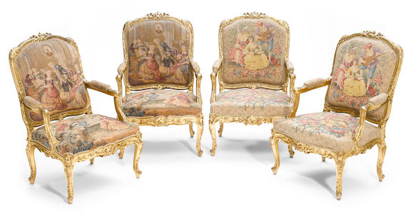 Bonhams : A set of four Louis XV style carved giltwood fauteuils late ...