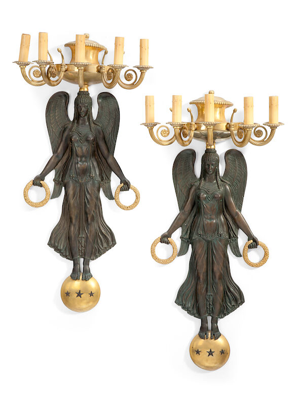 Bonhams : A pair of Empire style gilt and patinated bronze five light ...