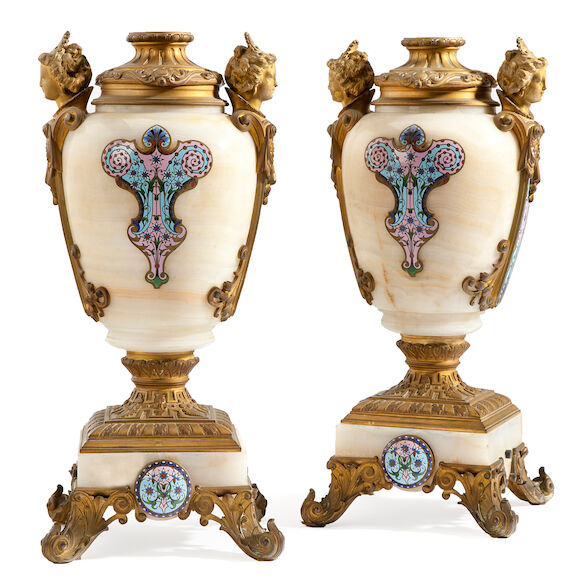 Bonhams : A pair of French champlevé enamel, gilt bronze mounted onyx ...